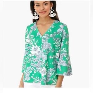 Tuckernuck Green Blue Botanical Floral Flare Sleeve V-Neck Blouse Top Size S